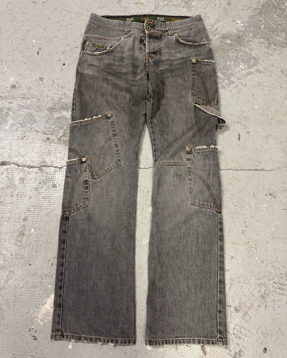 AW2004 Dolce & Gabbana Grey Asymmetrical Cargo Denim Jeans IiXQBSF 0