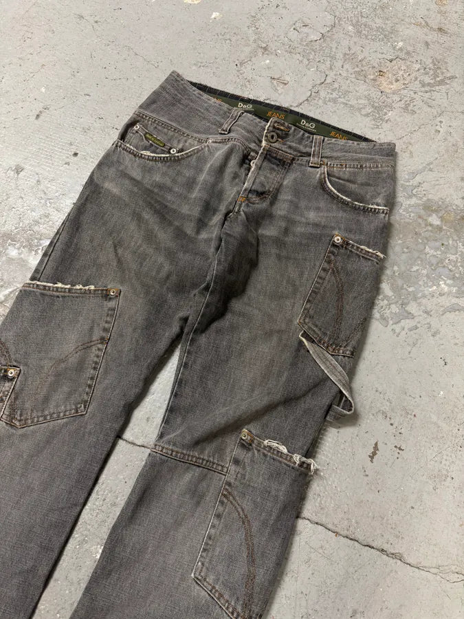 AW2004 Dolce & Gabbana Grey Asymmetrical Cargo Denim Jeans IiXQBSF 1