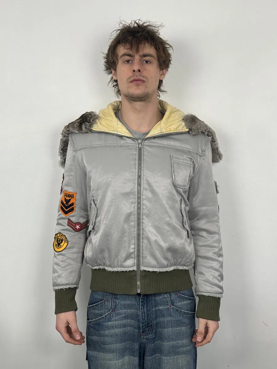 AW2004 Dolce & Gabbana Grey Aviator Patchwork Bomber Jacket qhaWPfo 1