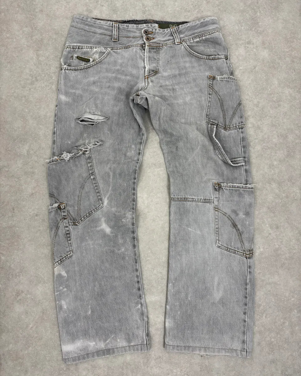 AW2004 Dolce & Gabbana Grey Distressed Multipocket Denim Jeans JemkKzs 0