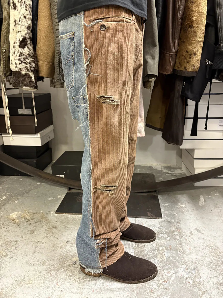 AW2004 Dolce & Gabbana Hybrid Brown Velvet Blue Distressed Denim Jeans NqXHQyj 2