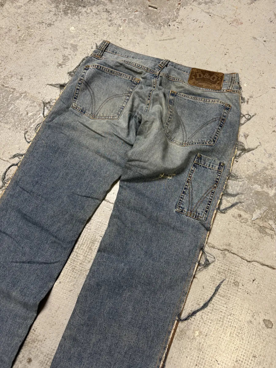 AW2004 Dolce & Gabbana Hybrid Brown Velvet Blue Distressed Denim Jeans NqXHQyj 8