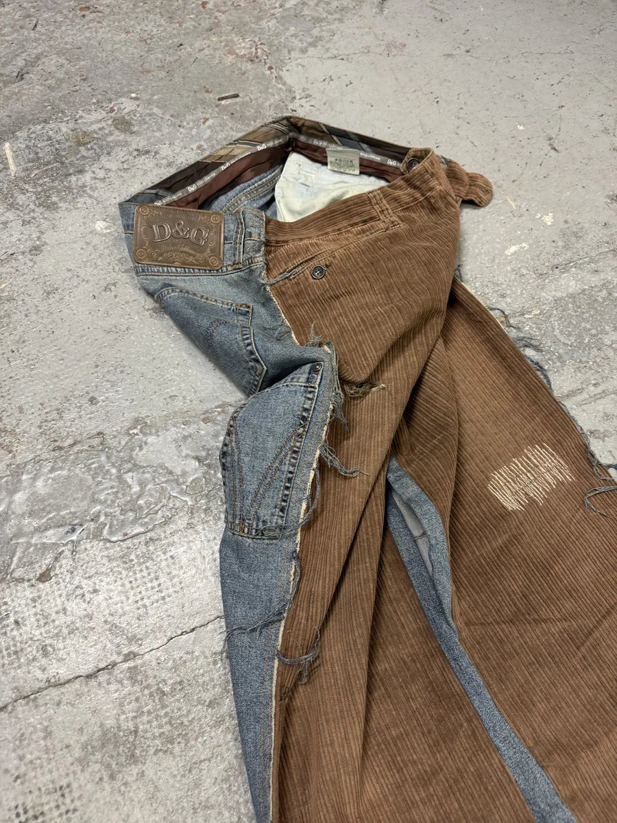 AW2004 Dolce & Gabbana Hybrid Brown Velvet Blue Distressed Denim Jeans NqXHQyj 9