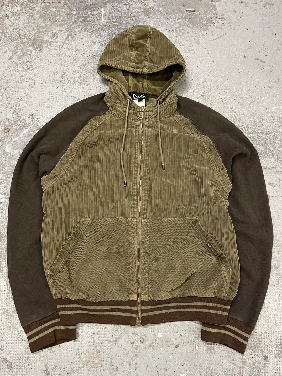 AW2004 Dolce & Gabbana Khaki Velvet Hooded Zip-up Sweater (M/L) PGdbvkE 0