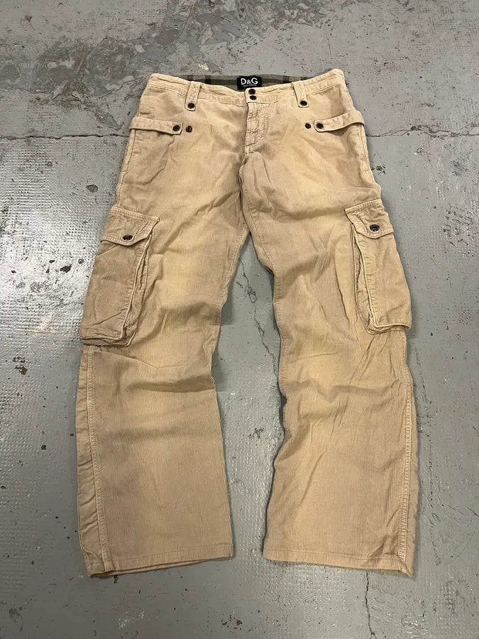 AW2004 Dolce & Gabbana Multi-Pocket Corduroy Beige Cargo Pants pXRAWBx 0
