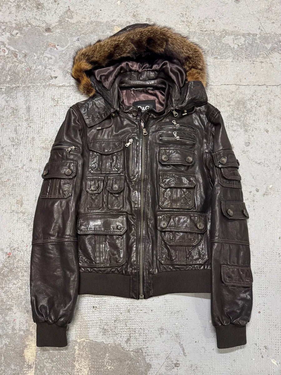 AW2004 Dolce & Gabbana Multi Pockets Brown Biker Leather Jacket Tqplbvm 0