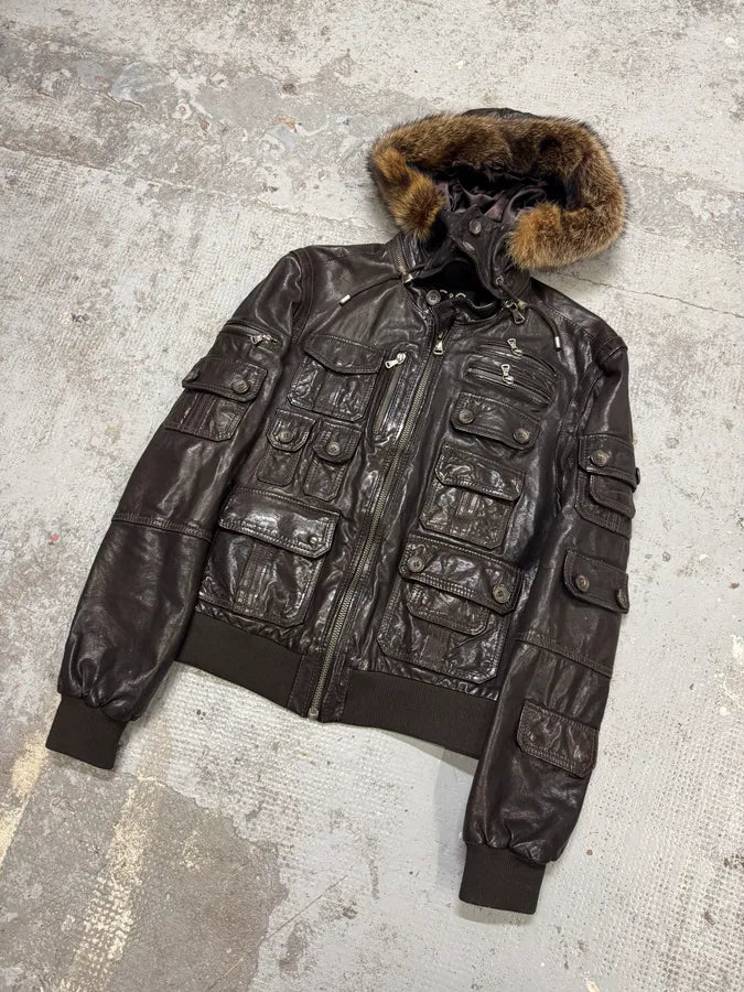 AW2004 Dolce & Gabbana Multi Pockets Brown Biker Leather Jacket Tqplbvm 1