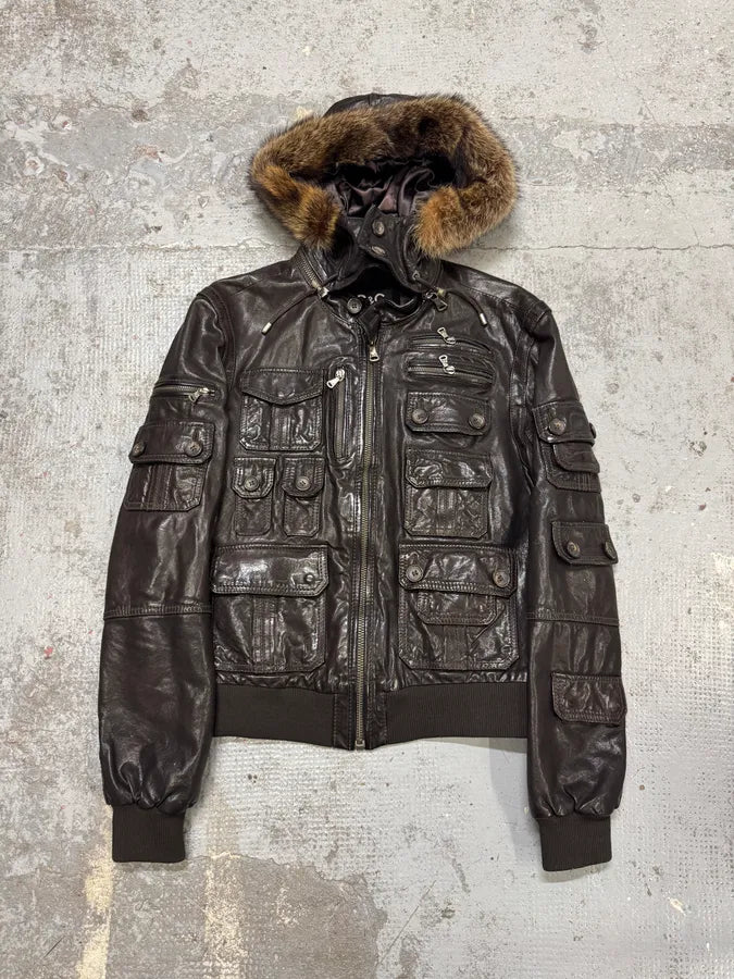 AW2004 Dolce & Gabbana Multi Pockets Brown Biker Leather Jacket Tqplbvm 3