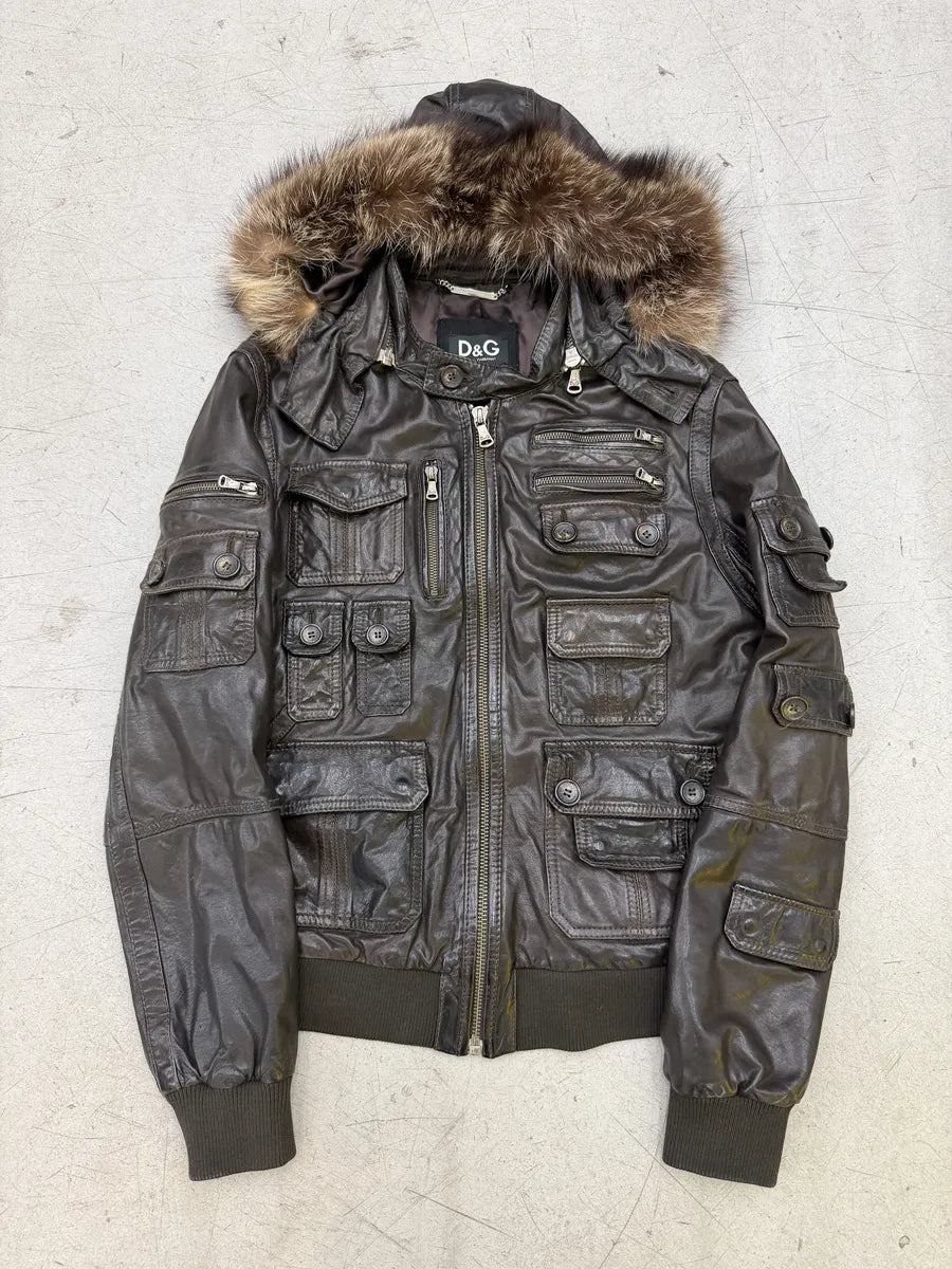 AW2004 Dolce & Gabbana Multi Pockets Brown Leather Hooded Fur Jacket mdweCSk 0