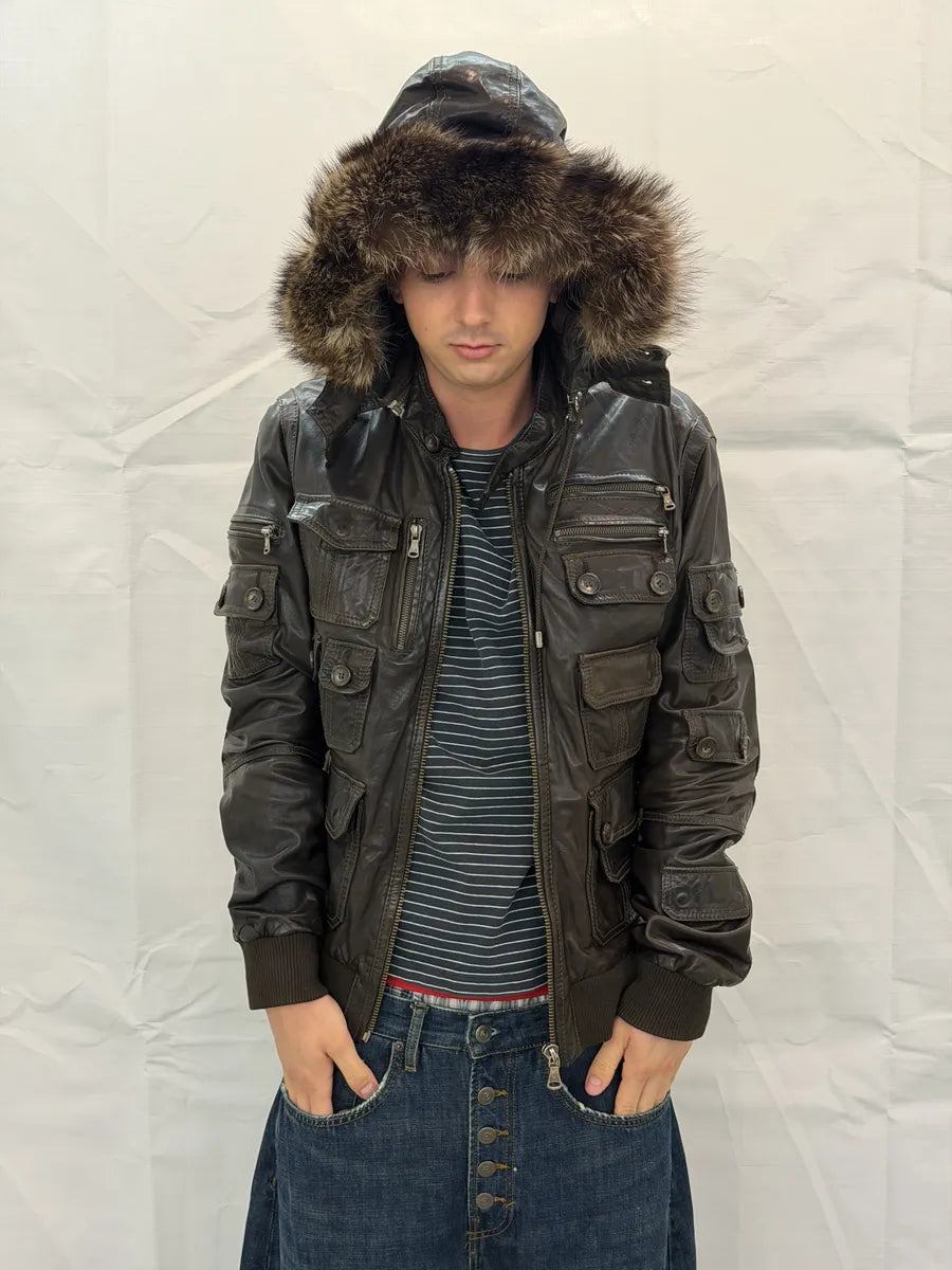 AW2004 Dolce & Gabbana Multi Pockets Brown Leather Hooded Fur Jacket mdweCSk 1