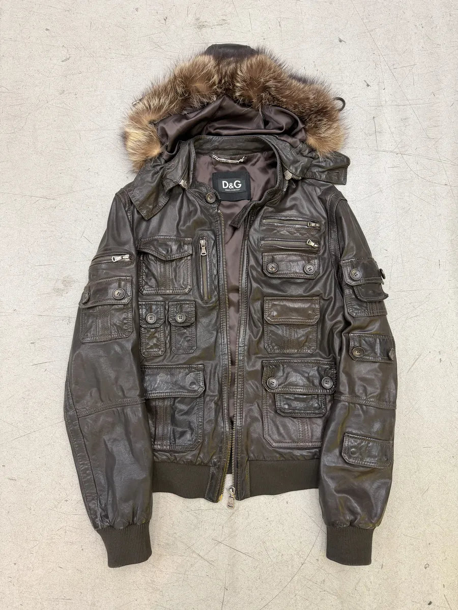 AW2004 Dolce & Gabbana Multi Pockets Brown Leather Hooded Fur Jacket mdweCSk 11