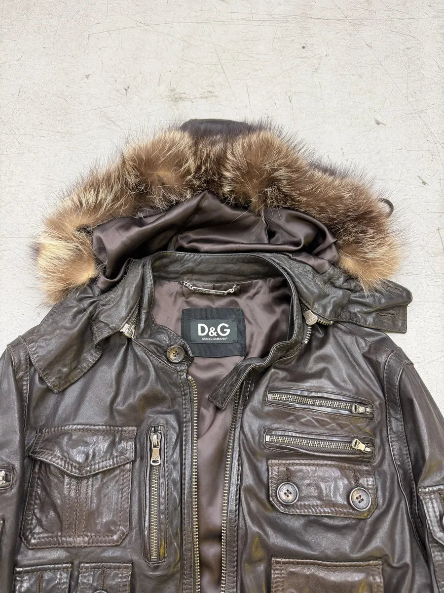 AW2004 Dolce & Gabbana Multi Pockets Brown Leather Hooded Fur Jacket mdweCSk 12