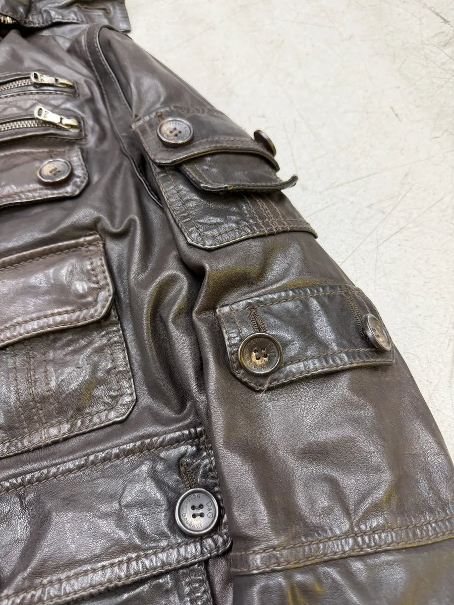 AW2004 Dolce & Gabbana Multi Pockets Brown Leather Hooded Fur Jacket mdweCSk 13