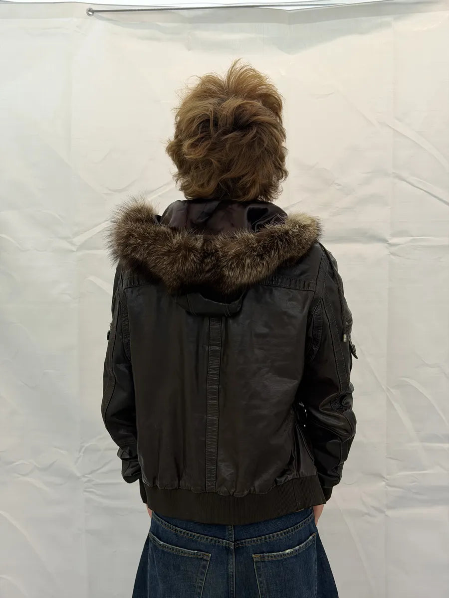AW2004 Dolce & Gabbana Multi Pockets Brown Leather Hooded Fur Jacket mdweCSk 2