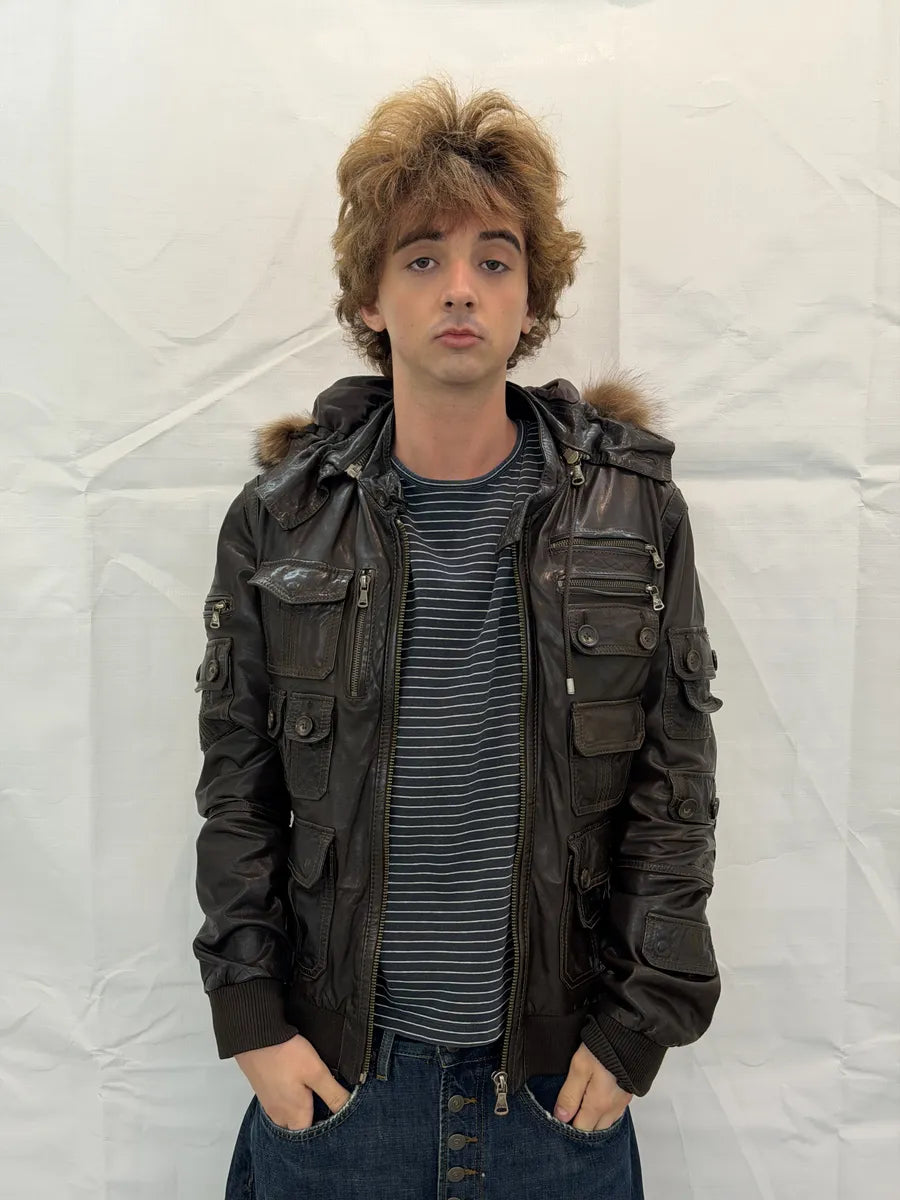 AW2004 Dolce & Gabbana Multi Pockets Brown Leather Hooded Fur Jacket mdweCSk 4