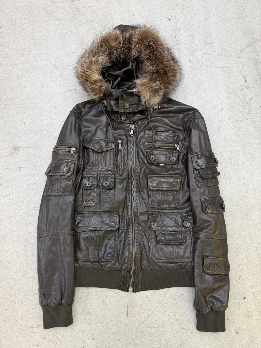 AW2004 Dolce & Gabbana Multi Pockets Brown Leather Hooded Fur Jacket mdweCSk 5