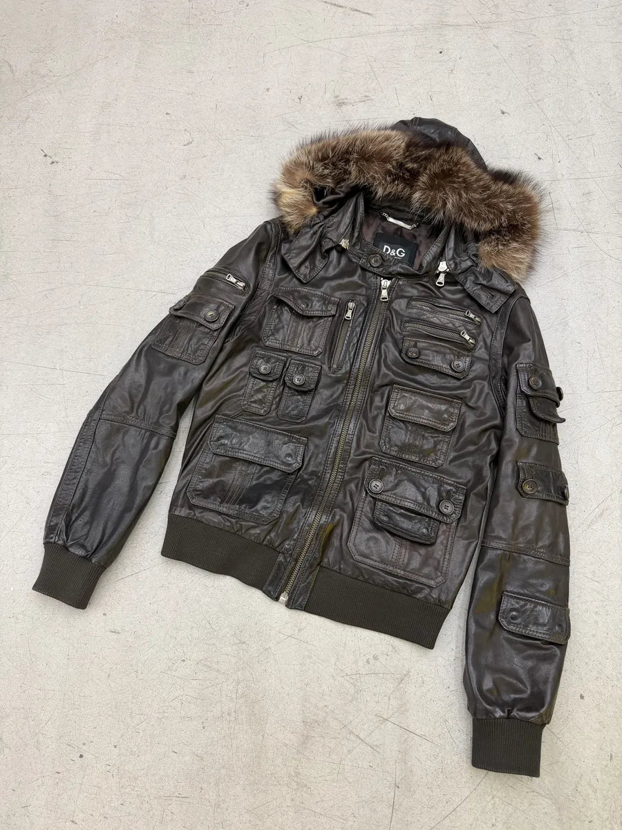 AW2004 Dolce & Gabbana Multi Pockets Brown Leather Hooded Fur Jacket mdweCSk 7