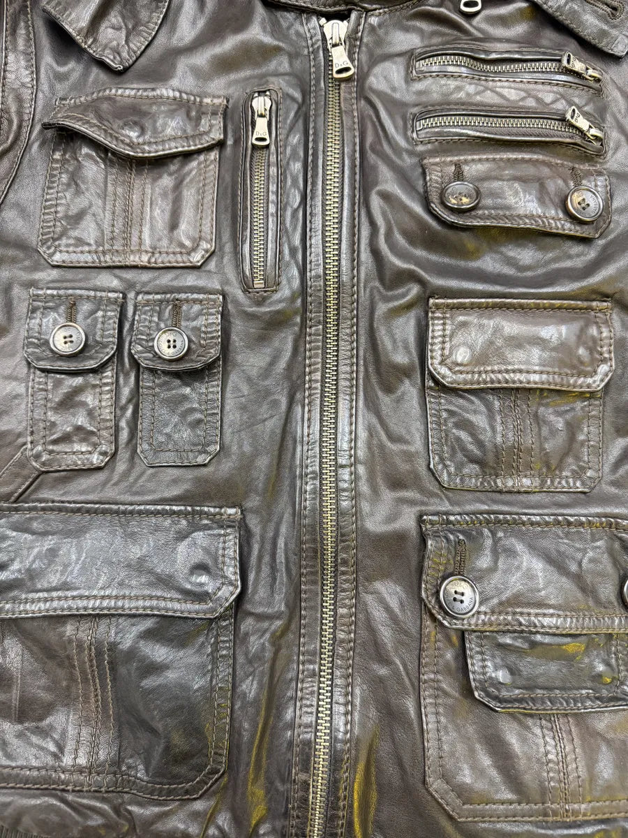 AW2004 Dolce & Gabbana Multi Pockets Brown Leather Hooded Fur Jacket mdweCSk 8