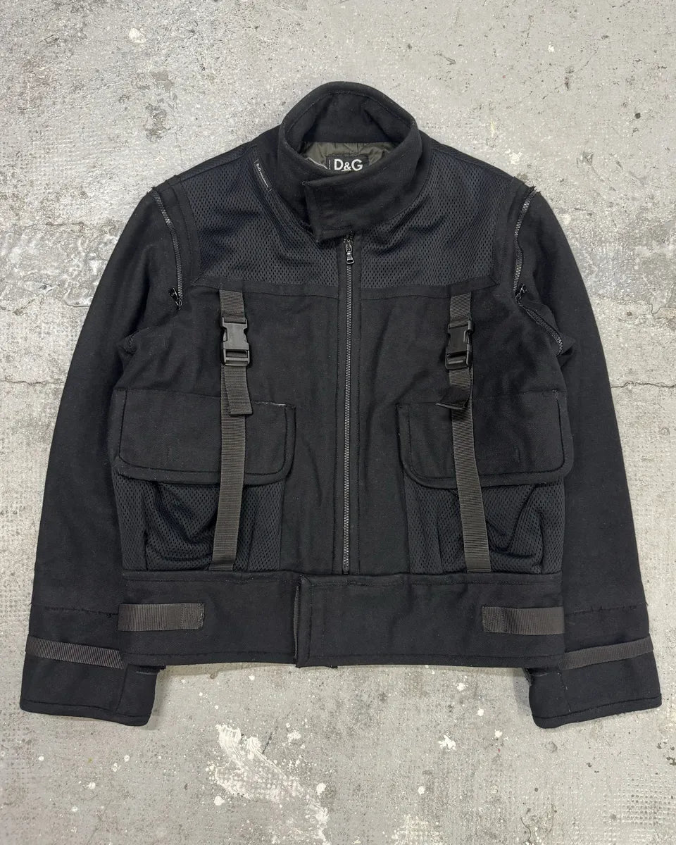 AW2003 Dolce & Gabbana Navy Strap Bondage Bomber Jacket with Detachable Sleeves aIYfJHI 4