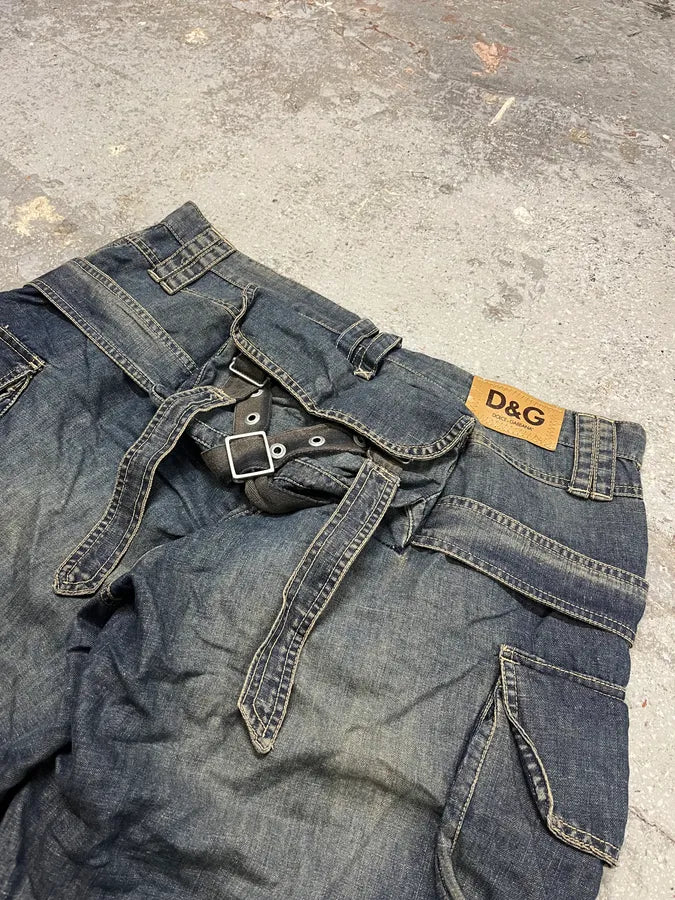 AW2004 Dolce & Gabbana Parachute Bondage Denim Blue Cargo Shorts (XL) IApXldt 9