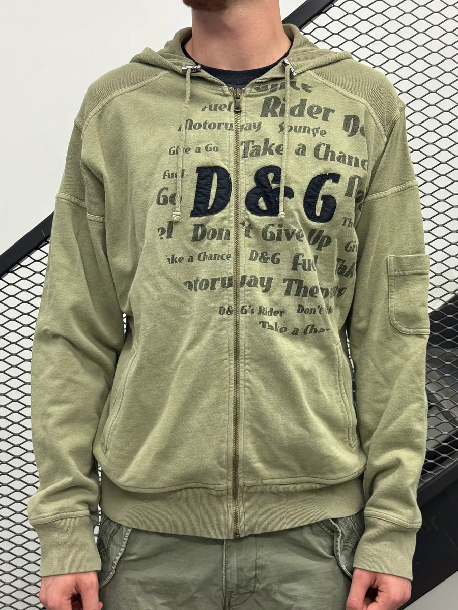 AW2004 Dolce & Gabbana Poem Green Khaki Zip-Up Hoodie BsWVSMR 0