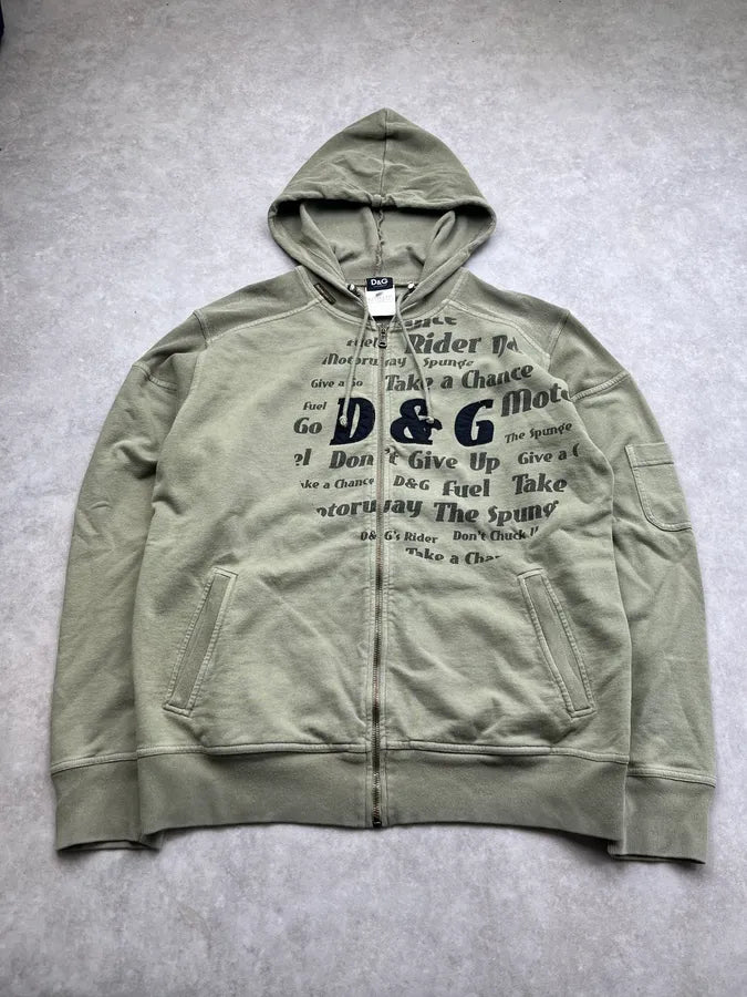 AW2004 Dolce & Gabbana Poem Green Khaki Zip-Up Hoodie BsWVSMR 2