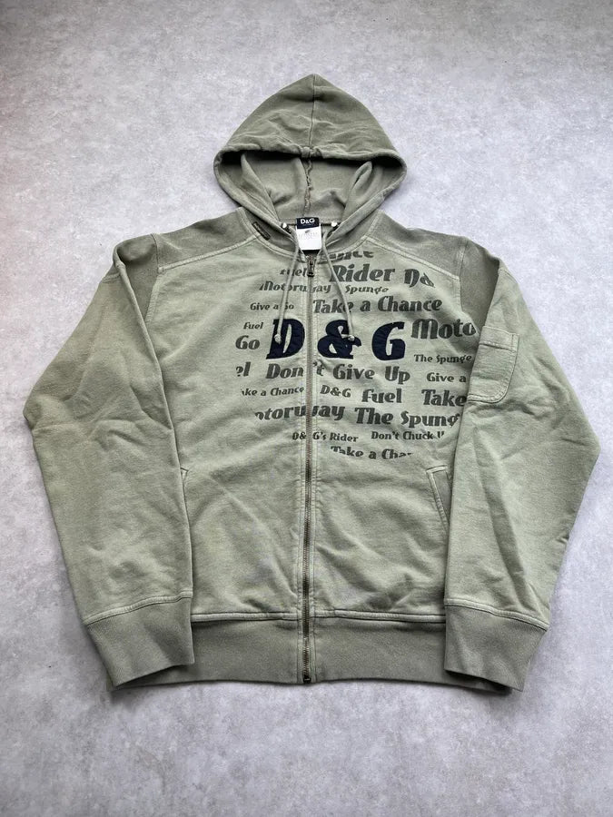 AW2004 Dolce & Gabbana Poem Green Khaki Zip-Up Hoodie BsWVSMR 3