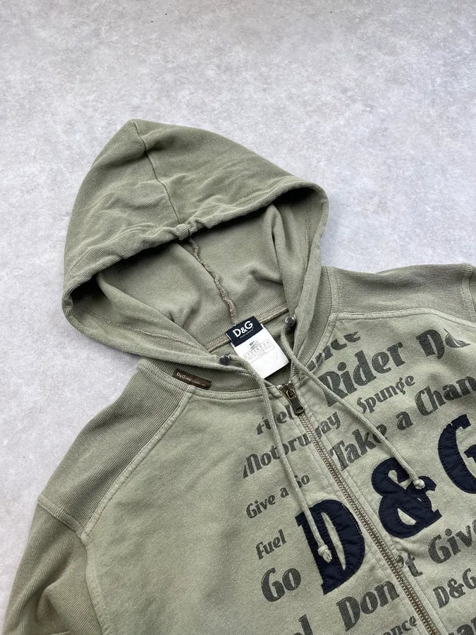 AW2004 Dolce & Gabbana Poem Green Khaki Zip-Up Hoodie BsWVSMR 4