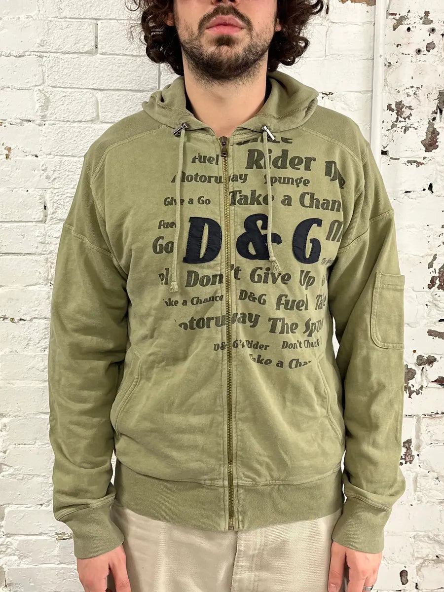 AW2004 Dolce & Gabbana Poem Rider Khaki Zip-Up Hoodie cvZPRMQ 1