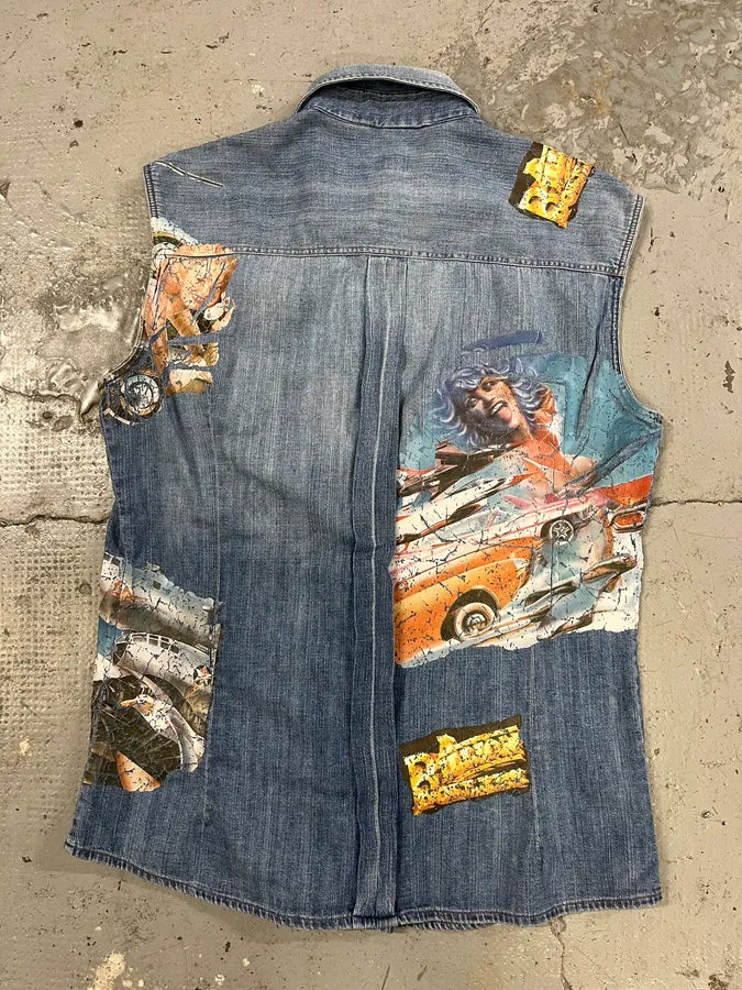 AW2004 Dolce & Gabbana Printed Sleeveless Denim Shirt PKCuOmT 5