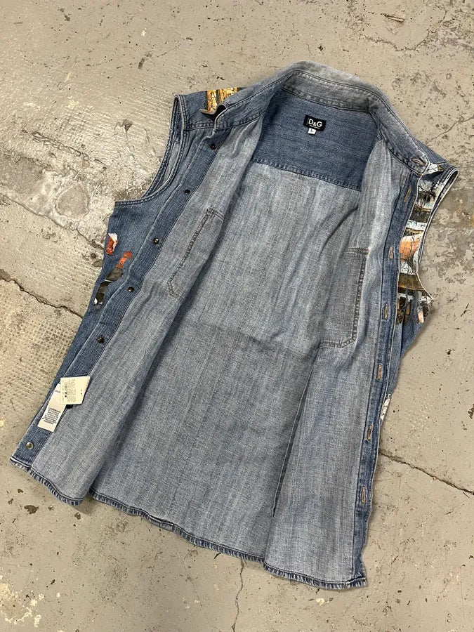 AW2004 Dolce & Gabbana Printed Sleeveless Denim Shirt PKCuOmT 4