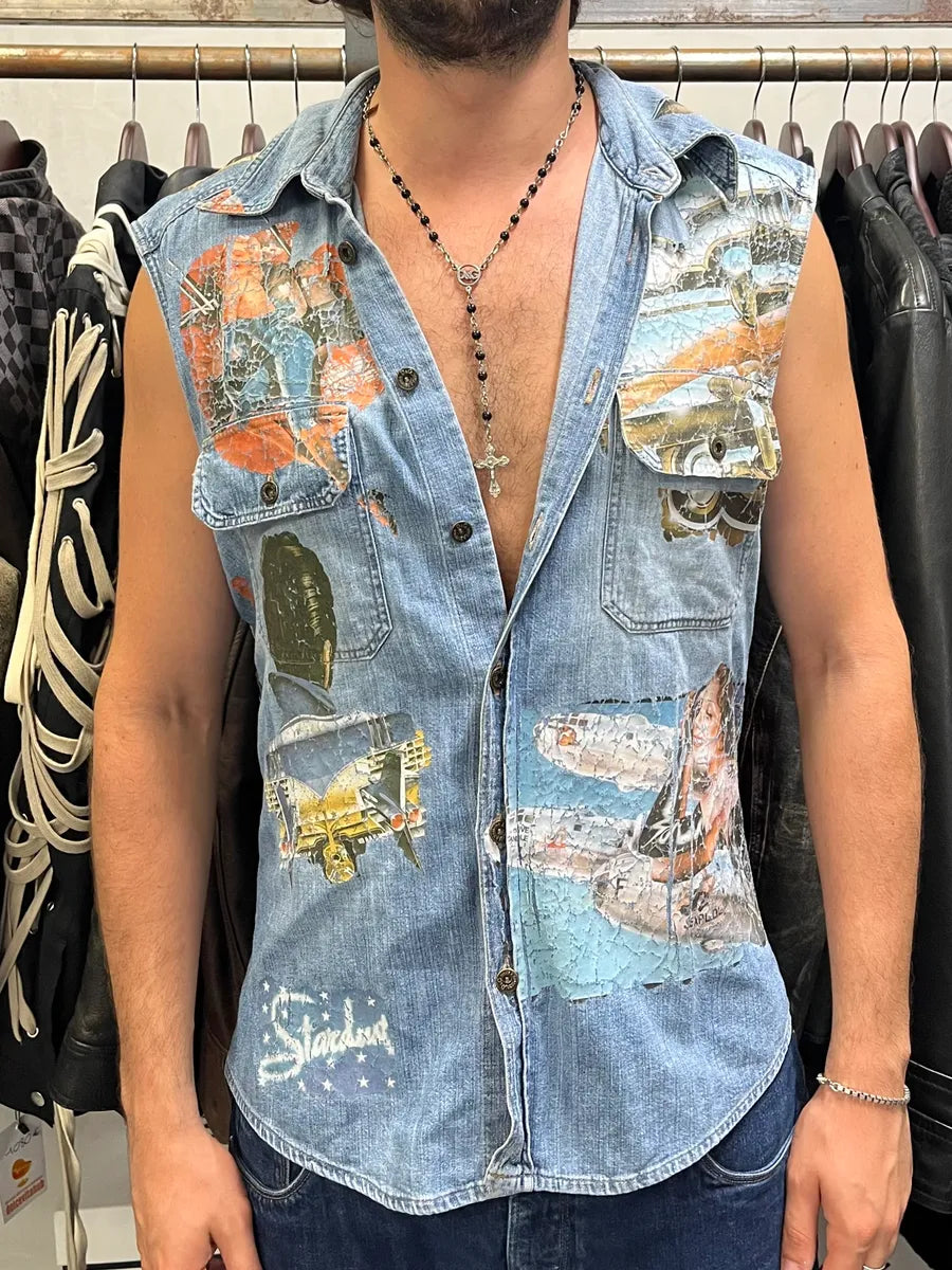 AW2004 Dolce & Gabbana Printed Sleeveless Denim Shirt PKCuOmT 1