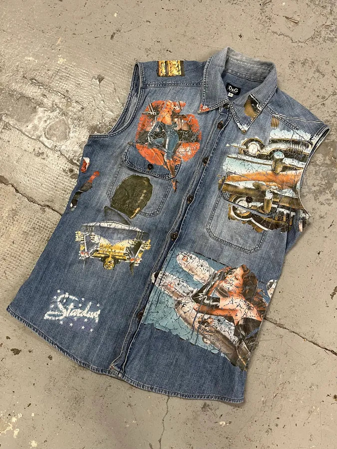 AW2004 Dolce & Gabbana Printed Sleeveless Denim Shirt PKCuOmT 3
