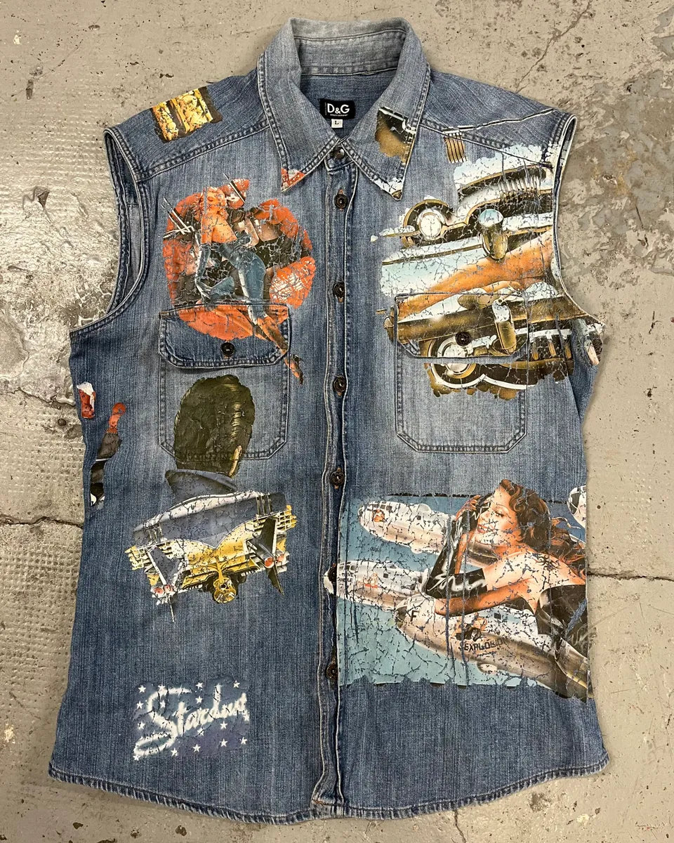 AW2004 Dolce & Gabbana Printed Sleeveless Denim Shirt PKCuOmT 0