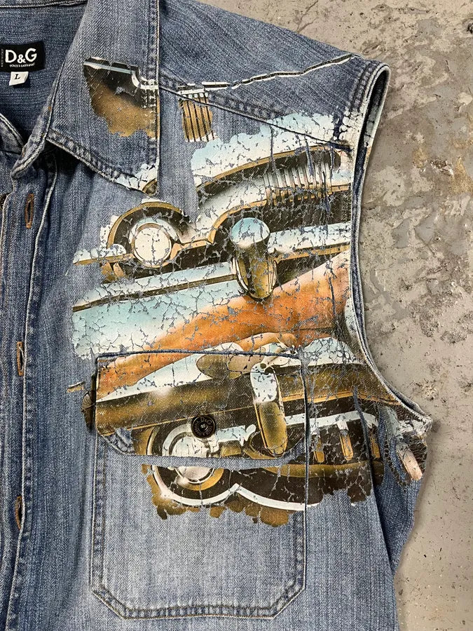 AW2004 Dolce & Gabbana Printed Sleeveless Denim Shirt PKCuOmT 6