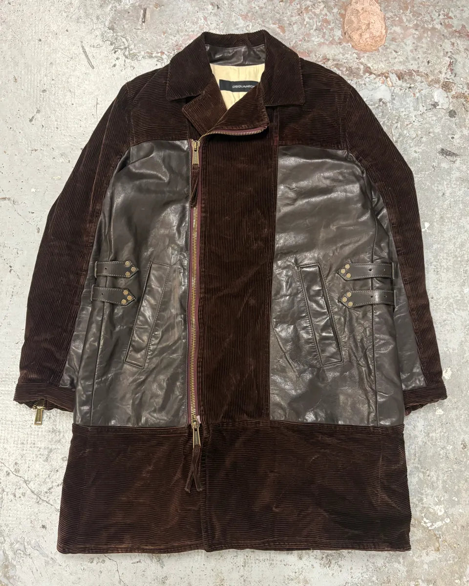 AW2004 Dsquared2 Hybrid Brown Leather & Corduroy Long Coat ypIDHUx 0