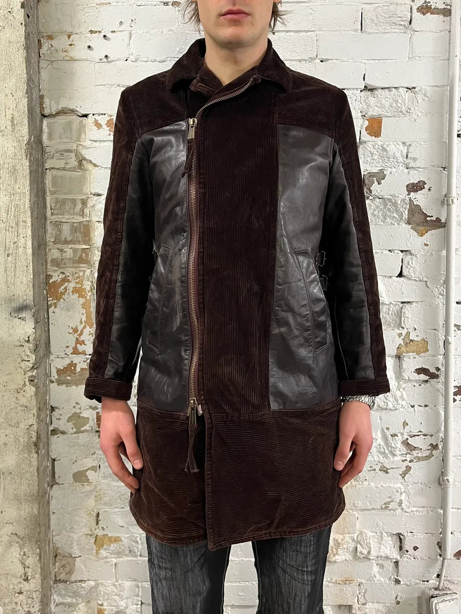 AW2004 Dsquared2 Hybrid Brown Leather & Corduroy Long Coat ypIDHUx 1