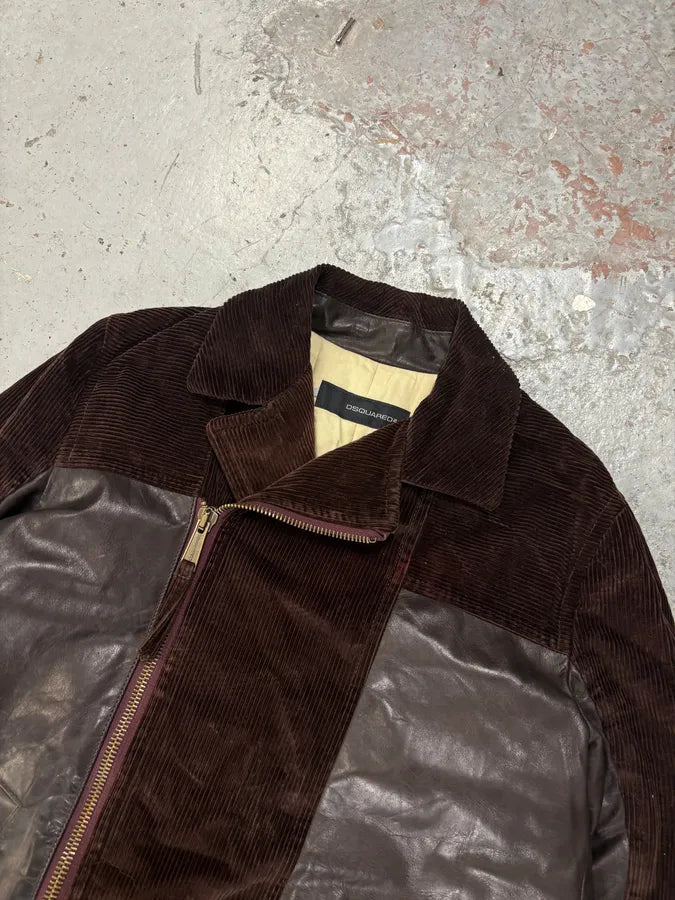 AW2004 Dsquared2 Hybrid Brown Leather & Corduroy Long Coat ypIDHUx 3