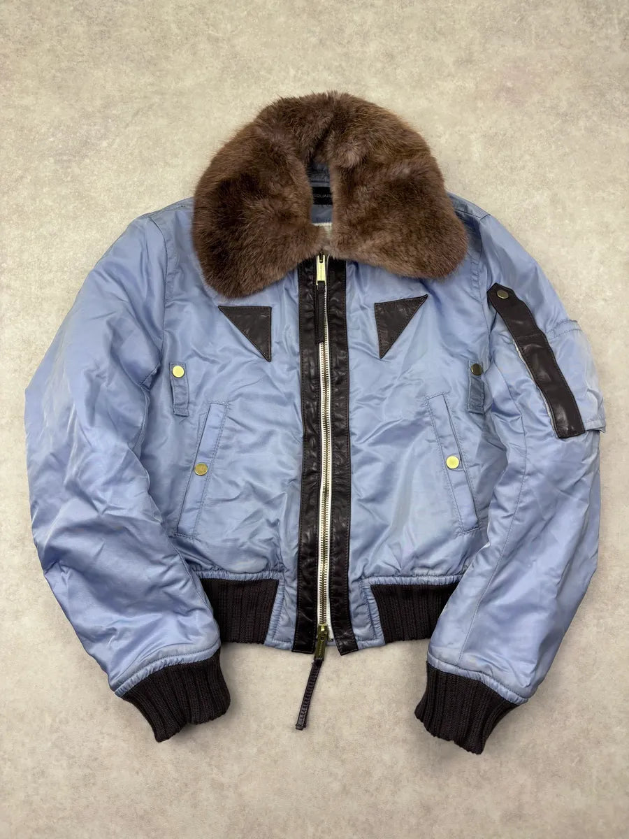 AW2004 Dsquared2 Light Blue Nylon Detachable Fur Collar Bomber Jacket nXSRPoz 0