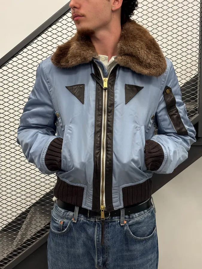 AW2004 Dsquared2 Light Blue Nylon Detachable Fur Collar Bomber Jacket nXSRPoz 2