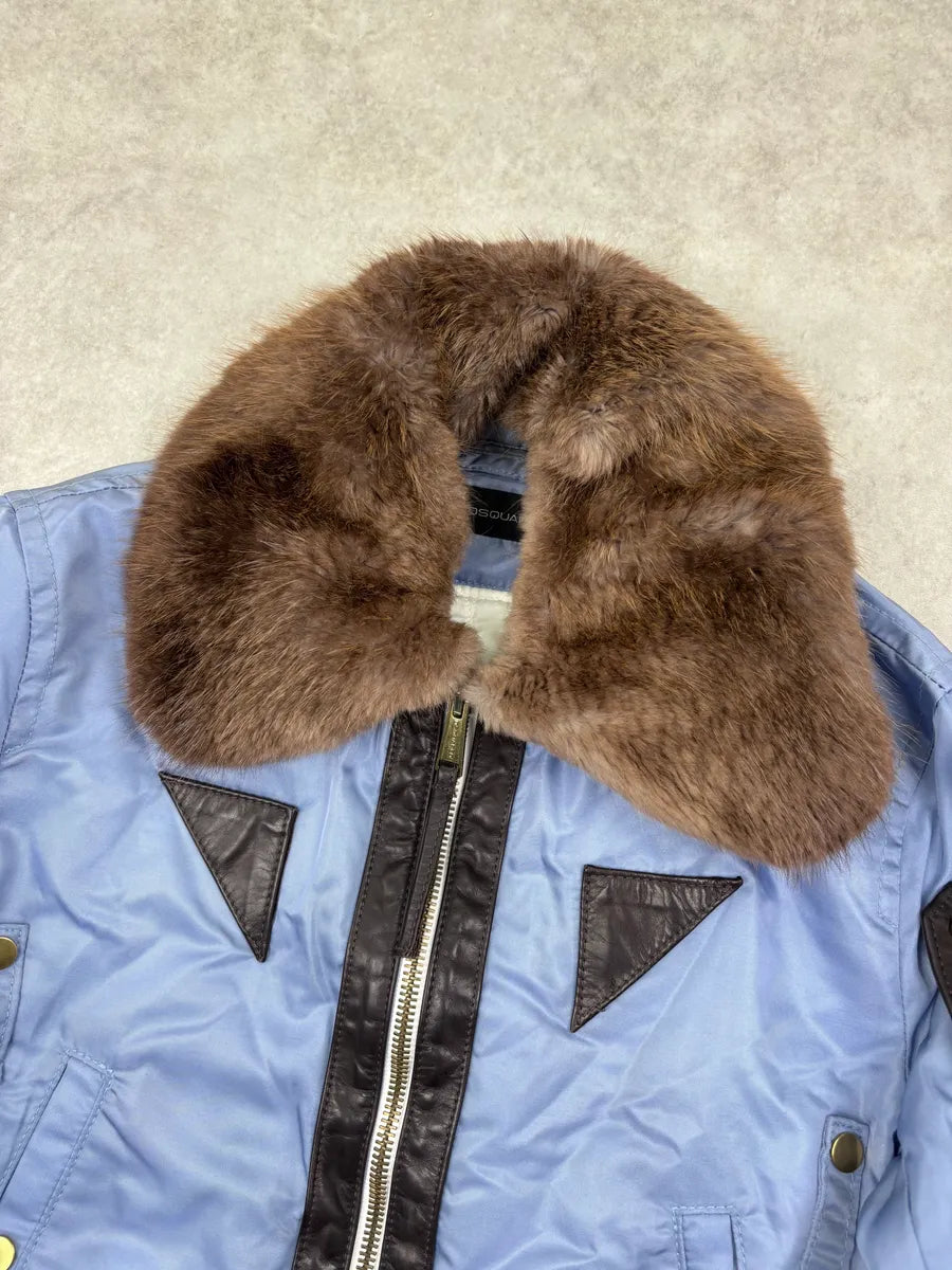 AW2004 Dsquared2 Light Blue Nylon Detachable Fur Collar Bomber Jacket nXSRPoz 4