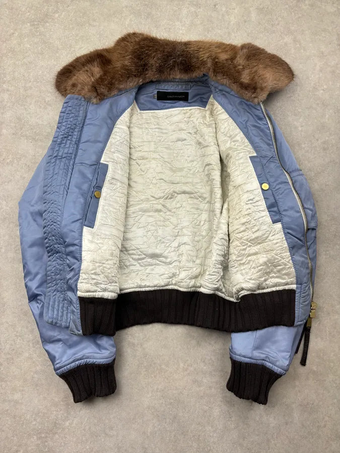 AW2004 Dsquared2 Light Blue Nylon Detachable Fur Collar Bomber Jacket nXSRPoz 7