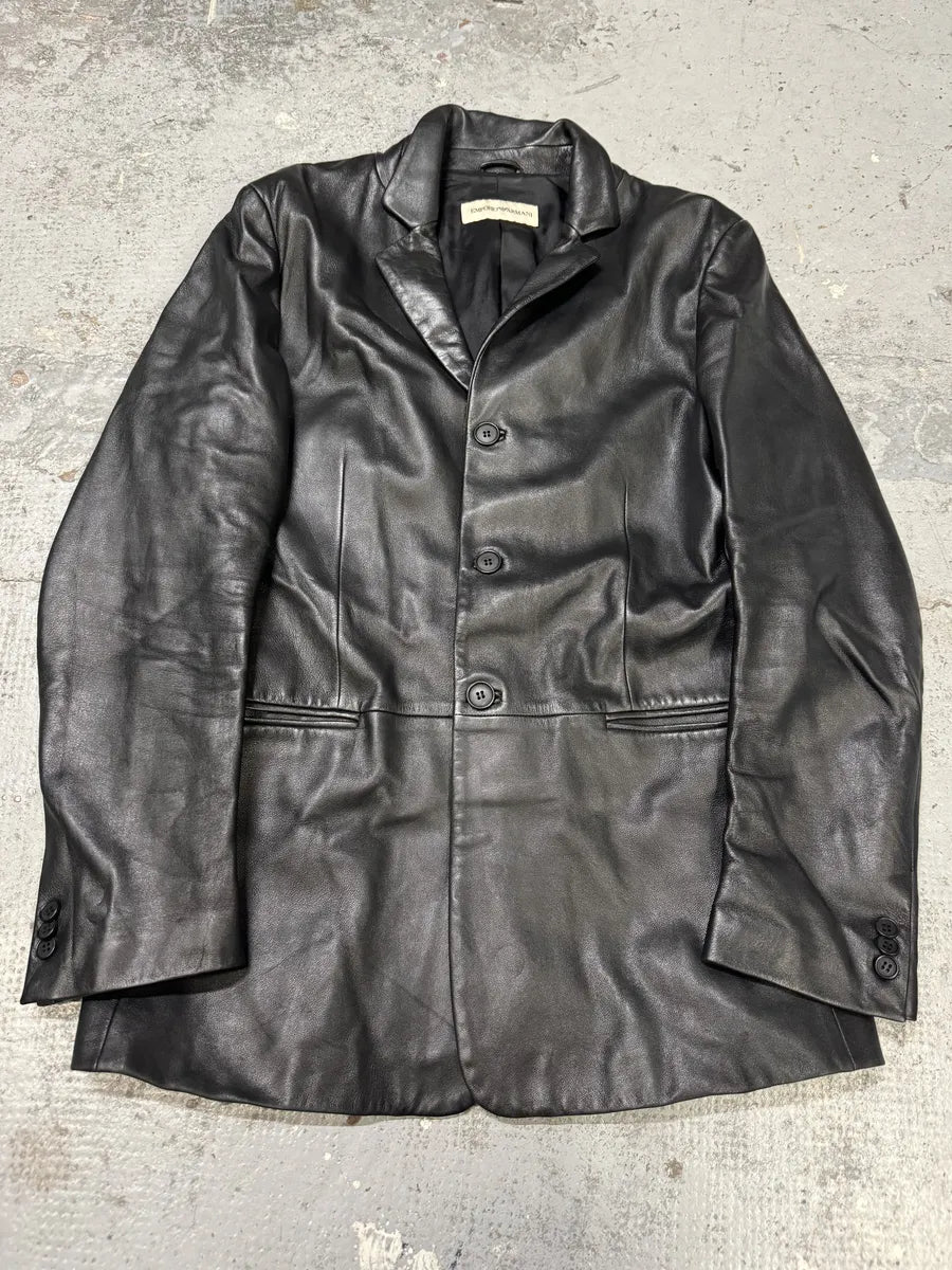 AW2004 Emporio Armani Black Long Minimalist Leather Jacket tIbhNvf 0