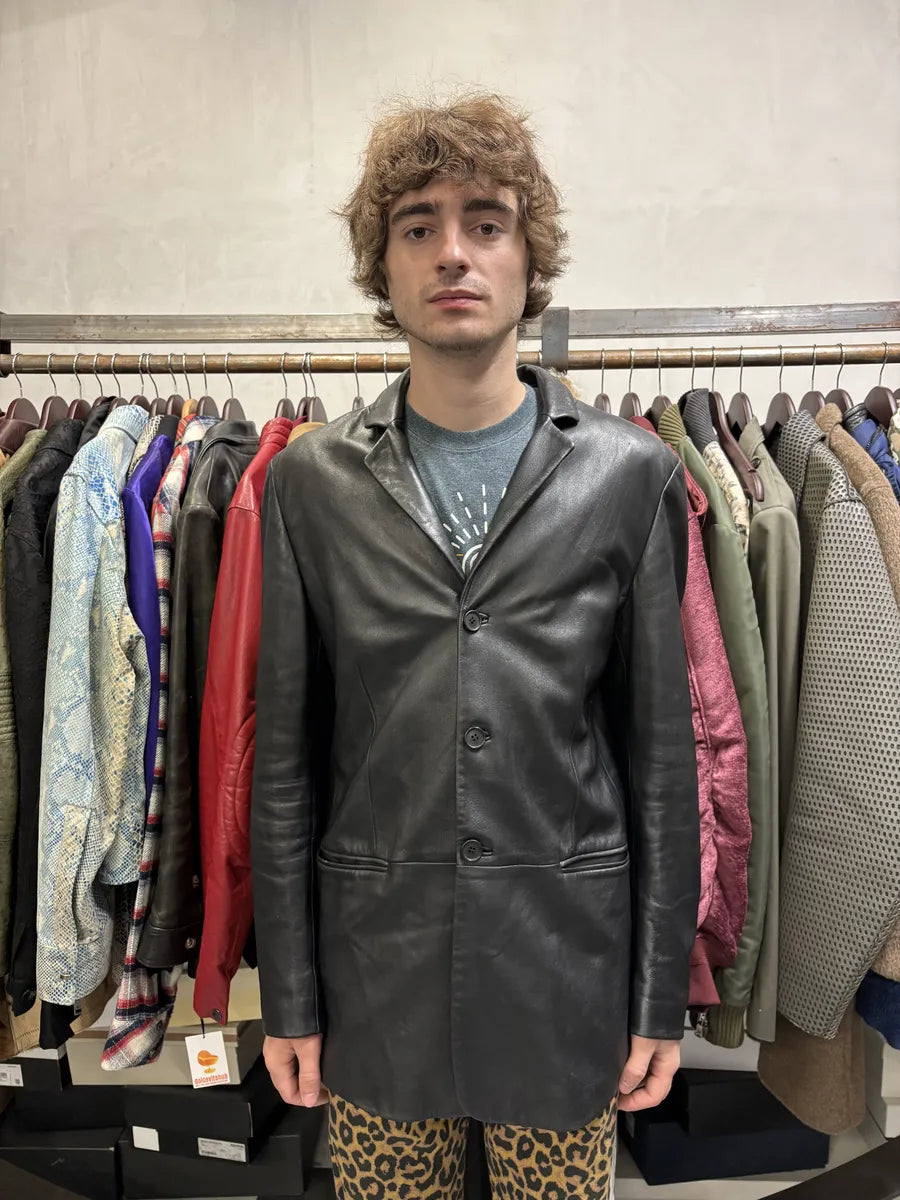 AW2004 Emporio Armani Black Long Minimalist Leather Jacket tIbhNvf 1