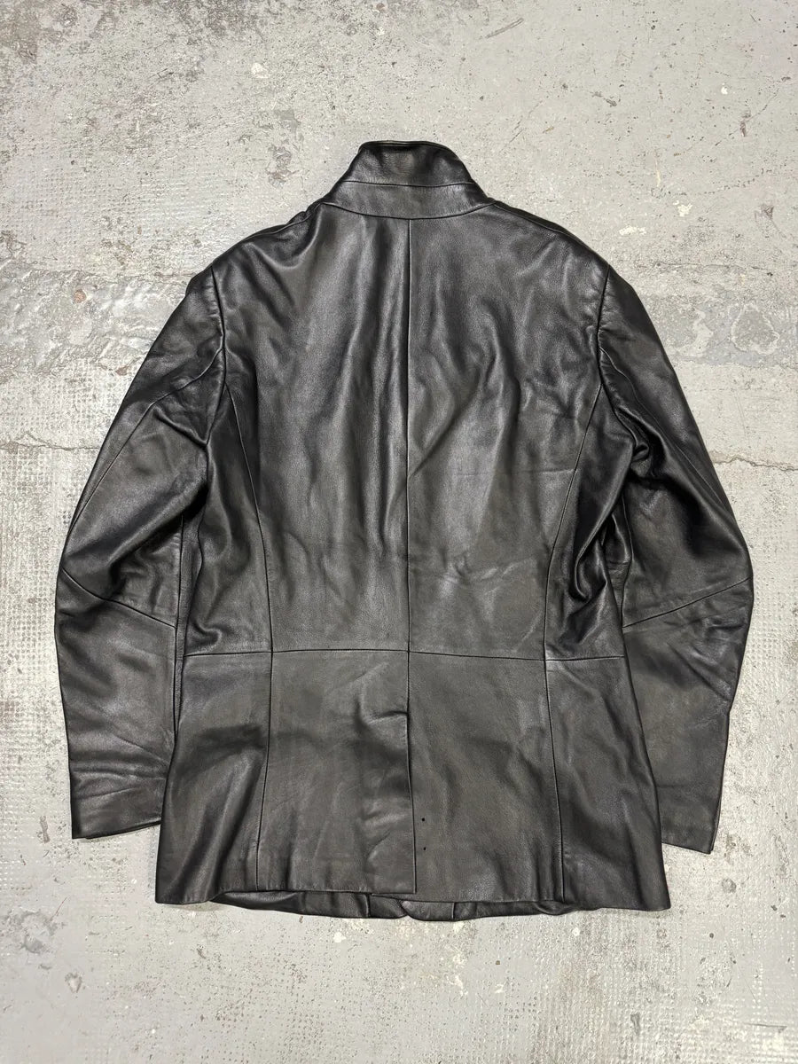 AW2004 Emporio Armani Black Long Minimalist Leather Jacket tIbhNvf 3