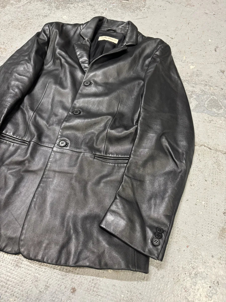 AW2004 Emporio Armani Black Long Minimalist Leather Jacket tIbhNvf 4