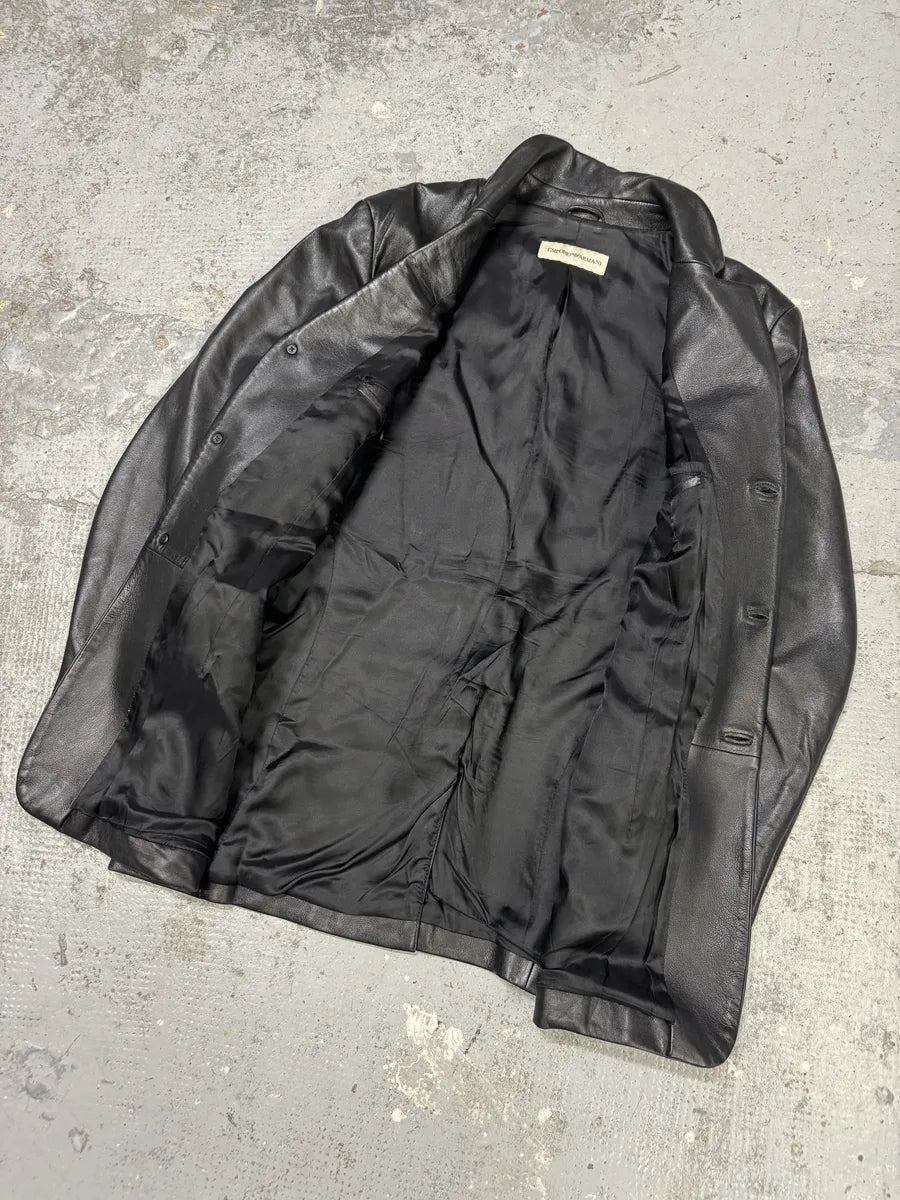 AW2004 Emporio Armani Black Long Minimalist Leather Jacket tIbhNvf 5