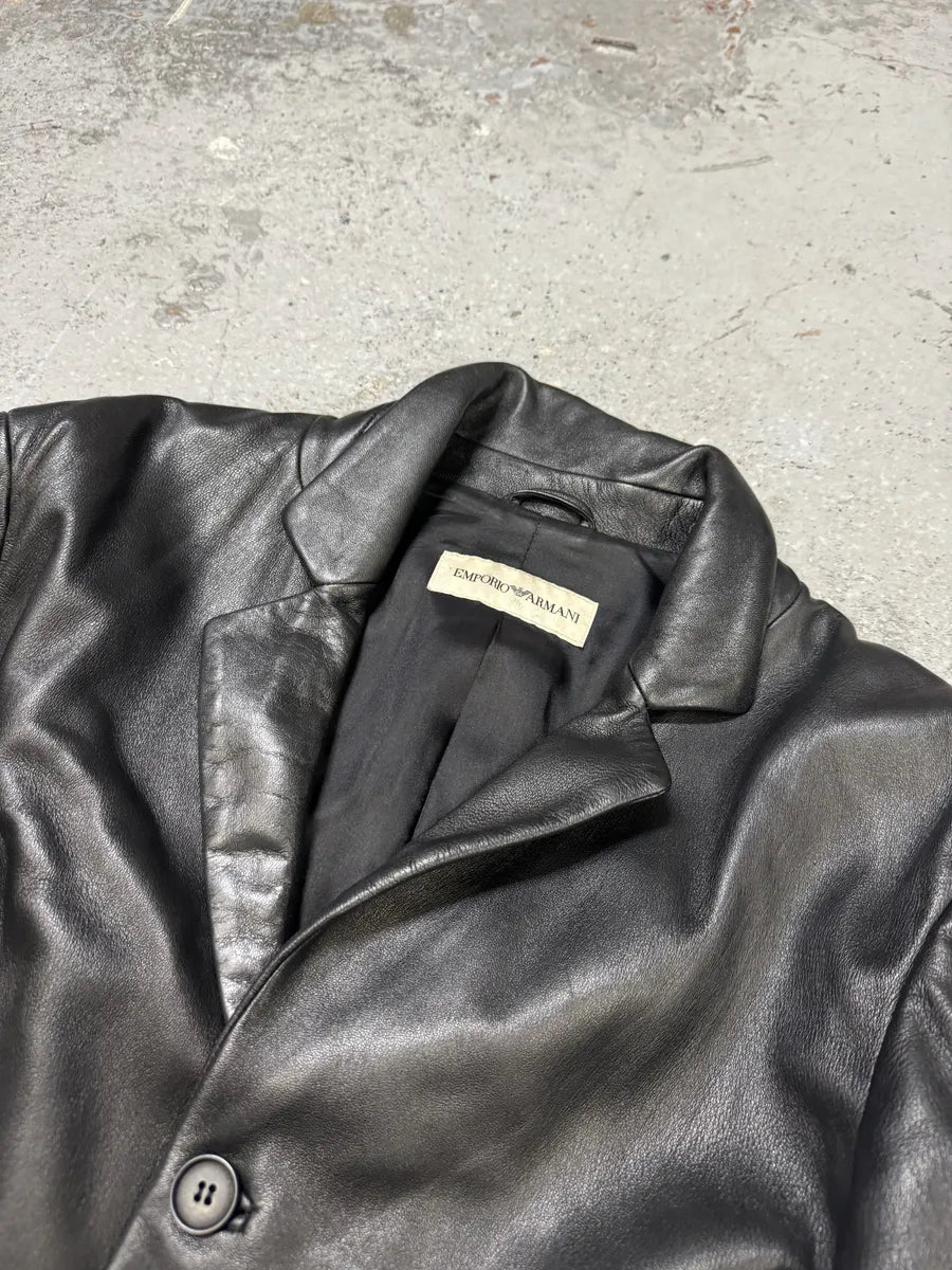 AW2004 Emporio Armani Black Long Minimalist Leather Jacket tIbhNvf 8