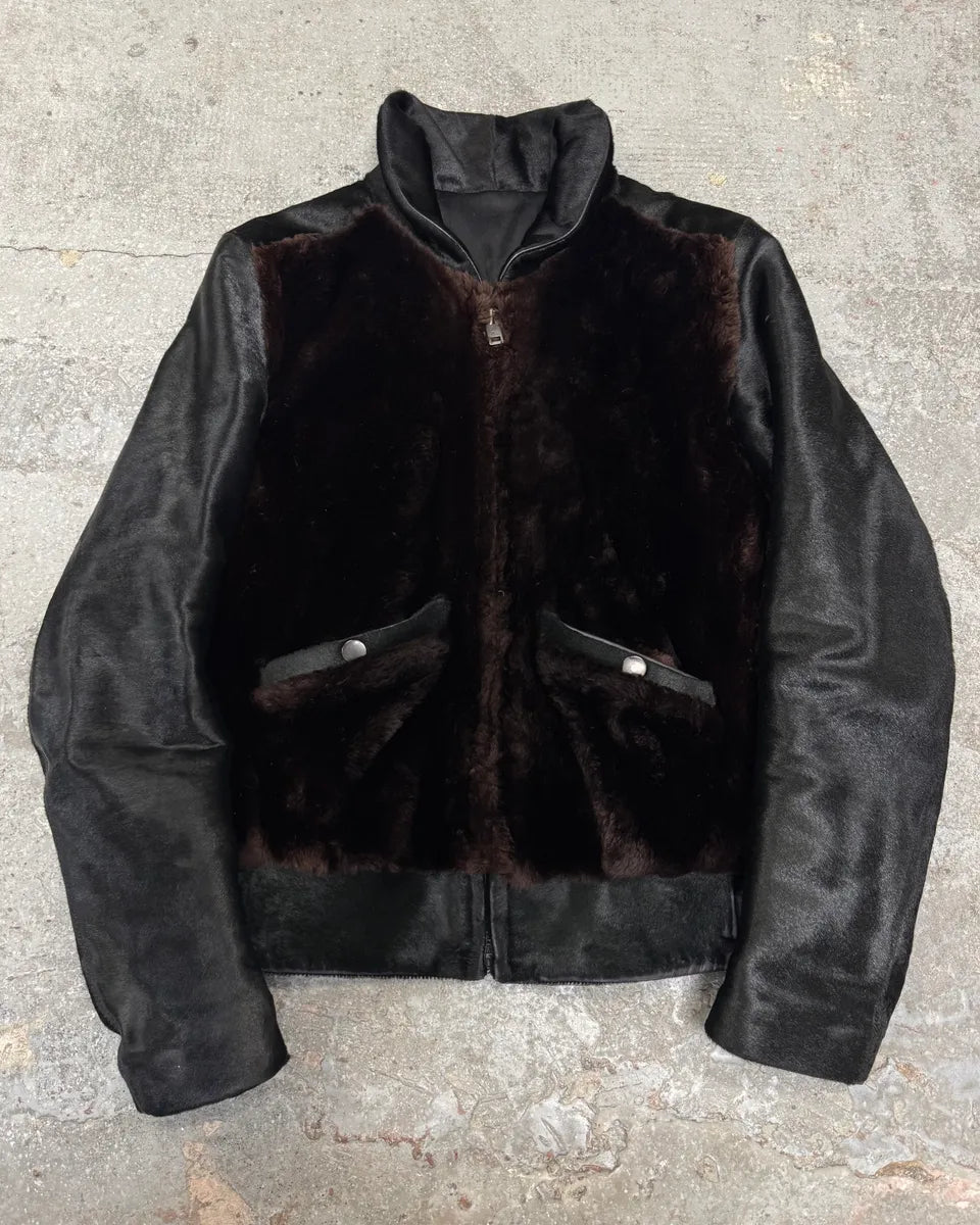 AW2004 Gucci Black Pony Hair Brown Fur Leather Jacket (S) 0