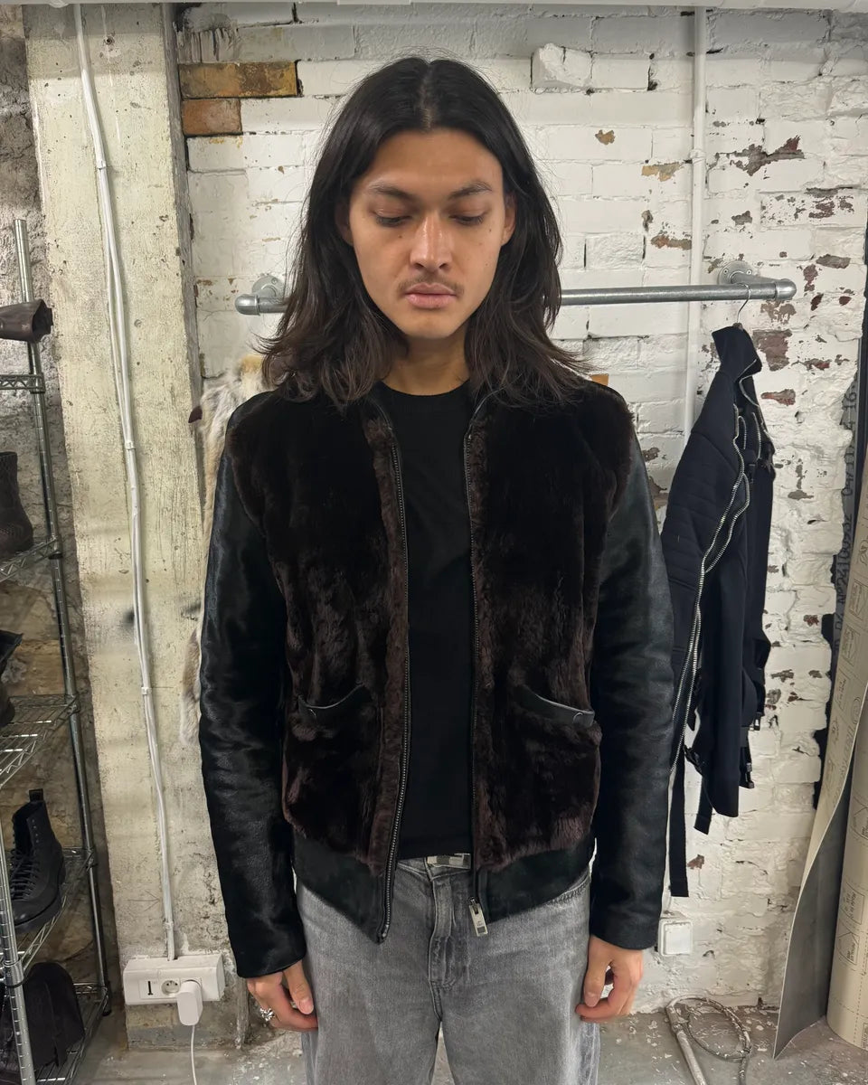 AW2004 Gucci Black Pony Hair Brown Fur Leather Jacket (S) 2
